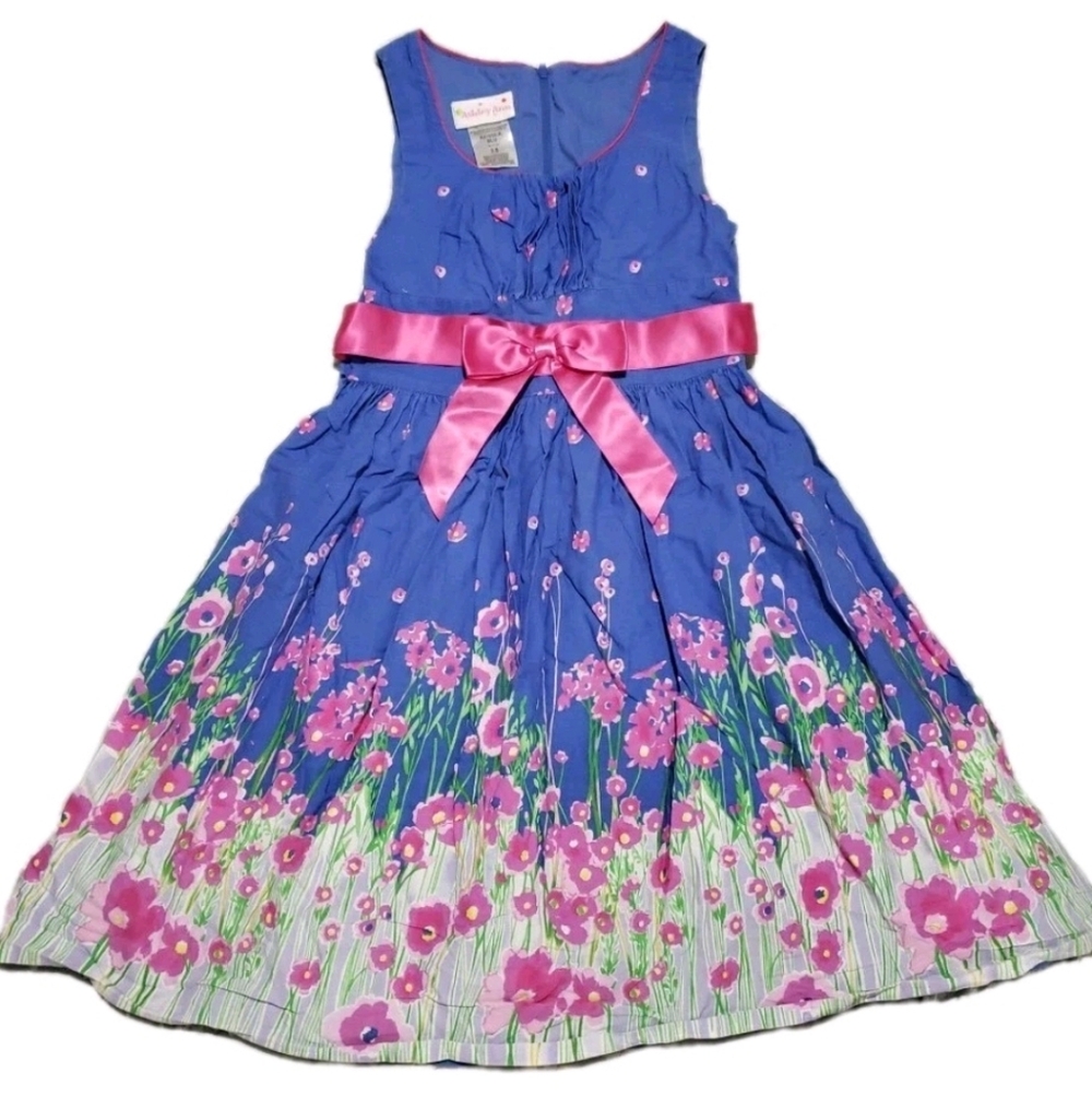 Ashley Ann Blue Pink Floral Dress 8 Bow Zipper  Easter Church